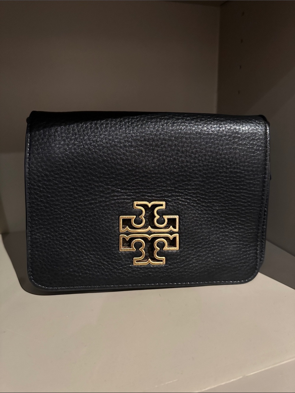 Tory Burch Black Pebbled Leather Shoulder Bag with Gold Logo